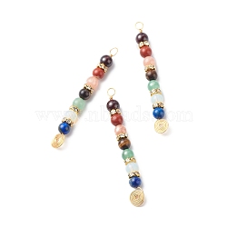 7 Chakra Mixed Gemstone Copper Wire Wrapped Big Pendants, Gems Crystal Rhinestone Round Charm, Light Gold, 63x7.5x6mm, Hole: 3.5mm(PALLOY-JF01899-01)