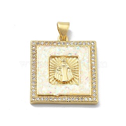 Brass Micro Pave Clear Cubic Zirconia Pendants, with Sythetic Opal, Sqaure with Goddess, Real 18K Gold Plated, 24.5x21.5x3.5mm, Hole: 4x3.5mm(KK-A221-26G-01)