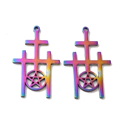 Ion Plating(IP) 304 Stainless Steel Pendant, Triple Cross with Star Charm, Rainbow Color, 30x18.5x1.5mm, Hole: 1.4mm(STAS-H212-15MC)
