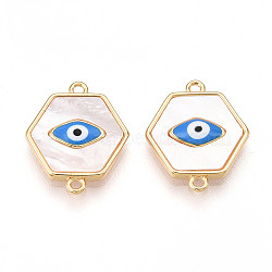 Brass Pave Natural Shell Hexagon Connector Charms, Dodger Blue Enamel Evil Eye Links, Real 18K Gold Plated, 14.5x17x3mm, Hole: 1.2mm(KK-N258-09G)