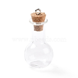 Glass Pendants, with Wood Bottle Stopper and Platinum Alloy Loops, Bulb Shaped, Clear, 34x18mm, Hole: 2mm(GLAA-P053-01A-08)