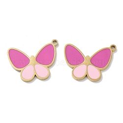 Ion Plating(IP) 304 Stainless Steel Pendants, with Enamel, Butterfly Charm, Golden, Hot Pink, 16.5x21x1.5mm, Hole: 1.6mm(STAS-P339-13G-02)