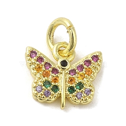 Real 18K Gold Plated Brass Pave Cubic Zirconia Pendants, with Jump Rings, Butterfly, Colorful, 9x10x1.5mm, Hole: 3mm(KK-M283-11F-02)