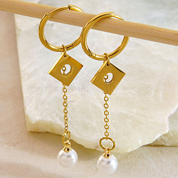 304 Stainless Steel Hoop Dangle Earrings for Women, with Imitation Pearl, Golden, Rhombus, 62mm(WGFE3D6-01)