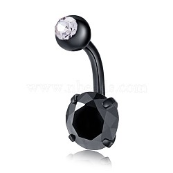 Piercing Jewelry, Brass Cubic Zirconia Navel Ring, Belly Rings, with 304 Stainless Steel Bar, Lead Free & Cadmium Free, Flat Round, Gunmetal, Black, 21x8mm, Bar: 15 Gauge(1.5mm), Bar Length: 3/8"(10mm)(AJEW-EE0006-24E)