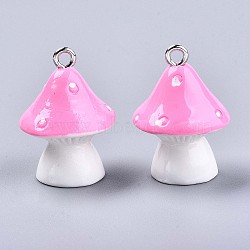 Opaque Resin Pendants, with Platinum Tone Iron Loops, Mushroom with Polka Dots, Pink, 23~24x17mm, Hole: 2mm(X-RESI-T028-69F)