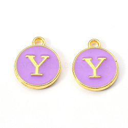 Golden Plated Alloy Enamel Charms, Enamelled Sequins, Flat Round with Letter, Medium Purple, Letter.Y, 14x12x2mm, Hole: 1.5mm(ENAM-S118-10Y)