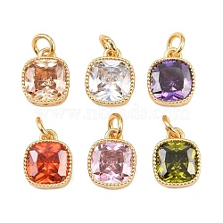 Brass Micro Pave Cubic Zirconia Charms, with Jump Ring, Square Charms, Golden, Mixed Color, 9x7x4mm, Hole: 2.3mm, Jump Ring: 4x0.7mm(KK-Q085-07G)