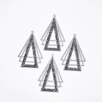 Brass Rhinestone Pendants, Triangle, Jet Hematite, Platinum, 58.5x38x2mm, Hole: 2mm