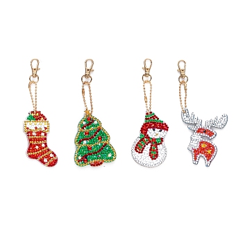 Christmas Theme DIY Diamond Painting Keychain Kit, Including Acrylic Board, Keychain Clasp, Bead Chain, Resin Rhinestones Bag, Diamond Sticky Pen, Tray Plate and Glue Clay, Mixed Shapes, 70mm, 4pcs/set