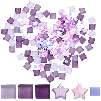 Gradient Color Glass Mosaic Tiles, Square Mosaic Tiles, for DIY Mosaic Art Crafts, Picture Frames and More, with Acrylic Beads, Dark Orchid, 4~11x4~10.5x3.5~4.5mm, about 350pcs/bag