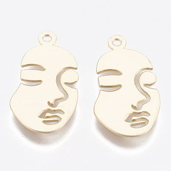 Brass Pendants, Face, Nickel Free, Real 18K Gold Plated, 20x11x0.5mm, Hole: 1.2mm