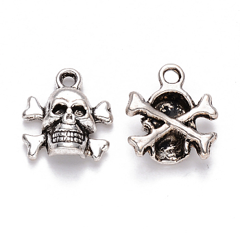Tibetan Style Alloy Charms, Skull, Cadmium Free & Lead Free, Antique Silver, 14.5x13x4.5mm, Hole: 1.6mm, about 750pcs/1000g