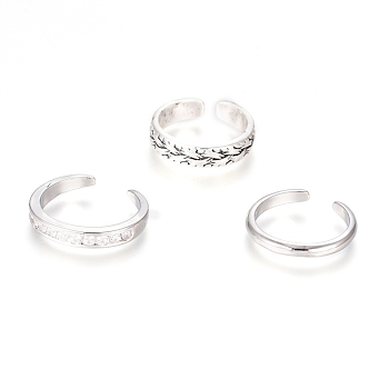 Brass Cuff Toe Rings, Stackable Rings, with Cubic Zirconia, Mixed Style, Platinum, 13.8~14.2mm, 3pcs/set