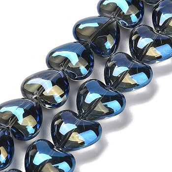 Electroplate Glass Beads Strands, Heart, Steel Blue, 12.2x15x8mm, Hole: 1mm, about 50pcs/strand, 23.62''(60cm)