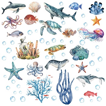 PVC Wall Stickers Set, Rectangle, for Home Living Room Bedroom Decoration, Marine Animal, 200x290mm, 4 sheets/set