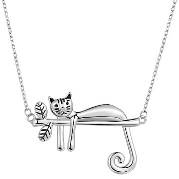 Rhodium Plated 925 Sterling Silver Cat On Branch Pendant Necklace for Women, Platinum, 15.35 inch(39cm)