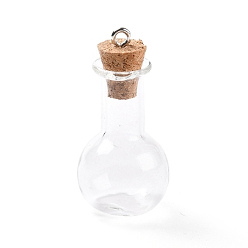 Glass Pendants, with Wood Bottle Stopper and Platinum Alloy Loops, Bulb Shaped, Clear, 34x18mm, Hole: 2mm