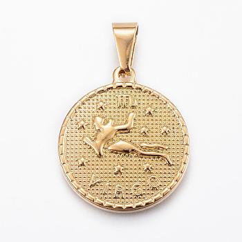 Real 18K Gold Plated 304 Stainless Steel Pendants, Flat Round with Twelve Constellation/Zodiac Sign, Virgo, 29x25x3.2mm, Hole: 9x4.5mm