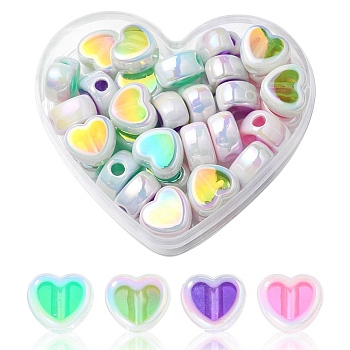 32Pcs 4 Colors UV Plating Rainbow Iridescent Acrylic Beads, Heart, Mixed Color, 12.5x15x8mm, Hole: 3.7mm, 8pcs/color