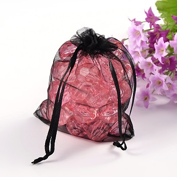 Organza Gift Bags, with Drawstring, Rectangle, Black, 12x10cm