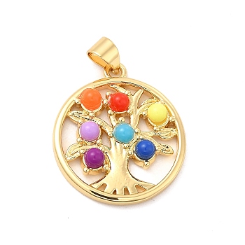 Colorful Resin Pendants, Flat Round Charms, with Brass Tree of Life, Golden, 23x20x3.5mm, Hole: 3.5x4mm