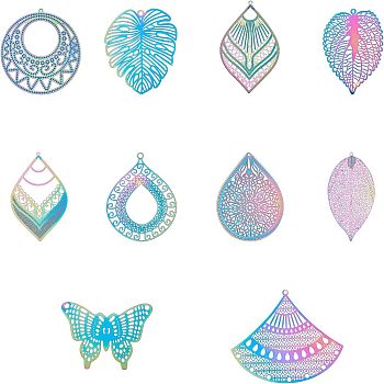 201 Stainless Steel Filigree Big Pendants, Etched Metal Embellishments, Mixed Shapes, Rainbow Color, 82x82x27mm, 100pcs/set