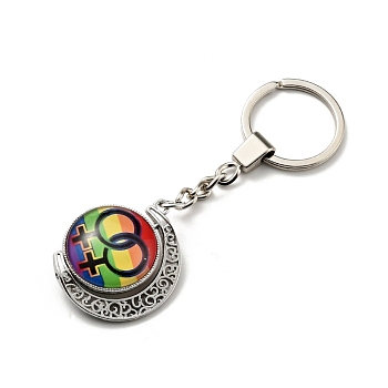Pride Rainbow Alloy Glass Keychain, with Iron Key Rings, Rotatable, Flat Round with Moon, Rainbow Pattern, 10.45cm