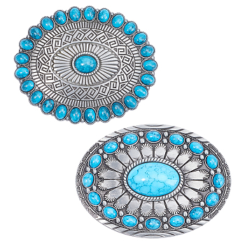 2Pcs 2 Styles Zinc Alloy Belt Buckles, with Resin Imitation Synthetic Turquoise, Oval, Antique Silver, 66~67.5x81~90x16.5~24mm, Hole: 40x17mm, 1pc/style