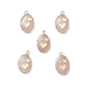 Natural Rose Quartz Pendants, Oval Charms with Golden Brass Edge, 22x13x3~5.5mm, Hole: 1.8mm