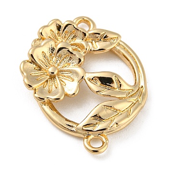 Brass Connector Charms, Ring with Flower & Leaf, Light Gold, 15.5x13x3mm, Hole: 1mm