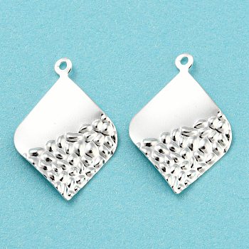 Eco-friendly Brass Pendants, Cadmium Free & Lead Free, Textured Rhombus Charm, 925 Sterling Silver Plated, 23x16x0.5mm, Hole: 1.2mm