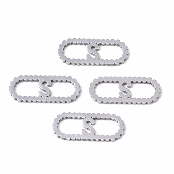 201 Stainless Steel Links Connectors, Laser Cut, Oval with Letter, Stainless Steel Color, Letter.S, 15x6x1mm, Hole: 4x5~7mm