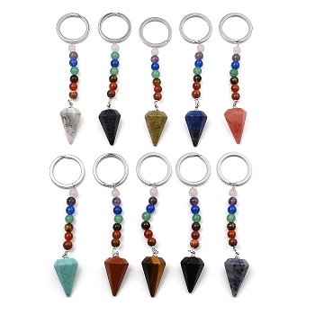 Natural & Synthetic Gemstone Cone Pendant Keychain, with 7 Chakra Gemstone Beads and Platinum Tone Brass Findings, 108mm