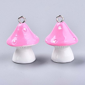 Opaque Resin Pendants, with Platinum Tone Iron Loops, Mushroom with Polka Dots, Pink, 23~24x17mm, Hole: 2mm