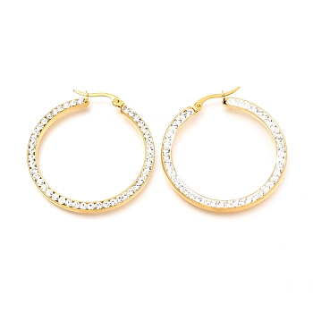 304 Stainless Steel Hoop Earrings, with Polymer Clay Rhinestones, Flat Ring Shape, Golden, 42x39x2.7mm, Pin: 0.7mm