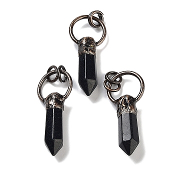 Natural Obsidian Faceted Pointed Bullet Pendants, Brass Ring Charms with Jump Rings, Red Copper, 48~50x20x9~10mm, Hole: 6mm