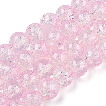 Transparent Crackle Baking Painted Glass Beads Strands, Imitation Opalite, Round, Pink, 8.5x7.5mm, Hole: 1.5mm, about 107~109pcs/strand, 30.71 inch~31.30 inch(78~79.5cm)