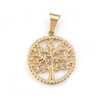 304 Stainless Steel Pendants, Flat Round with Tree, Golden, 31x28x2.5mm, Hole: 11x6mm