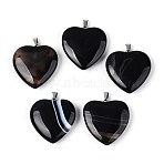 Natural Black Banded Agate(Dyed & Heated) Pendants, Heart Charms with Iron Snap on Bails, Platinum, 31~31.5x30x8.5~9mm, Hole: 6x2~2.5mm(G-T143-51A)