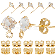 10Pcs Diamond Shape Brass Stud Earring Findings, with Cubic Zirconia & Horizontal Loops, with 10Pcs Friction Ear Nuts, Real 18K Gold Plated, 10x6.5mm, Hole: 2mm, Pin: 0.8mm(KK-BBC0012-63)