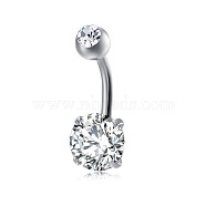 Piercing Jewelry, Brass Cubic Zirconia Navel Ring, Belly Rings, with 304 Stainless Steel Bar, Lead Free & Cadmium Free, Flat Round, Platinum, Clear, 21x8mm, Bar: 15 Gauge(1.5mm), Bar Length: 3/8"(10mm)(AJEW-EE0006-24B)