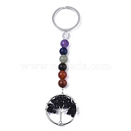 Natural Blue Goldstone Chips Chakra Keychain, with Platinum Plated Stainless Steel Split Key Rings and Mixed Stone Round Beads, Flat Round with Tree of Life, 122mm(G-N0326-004E)