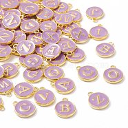 Golden Plated Alloy Enamel Charms, Enamelled Sequins, Flat Round with Random Mixed Letters, Purple, 14x12x2mm,Hole:1.50mm(ENAM-S118-10-M)