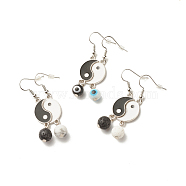 3 Pairs 3 Style Alloy Enamel Yin Yang Matching Asymmetrical Earrings, Brass Dangle Earrings with Round Evil Eye Lampwork & Gemstone Beads for Women, Platinum, Black, 49mm, Pin: 0.7mm, 1 Pair/style(EJEW-JE04894)