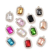 Alloy Rhinestone Pendants, Light Gold Tone Rectangle Charms, Mixed Color, 23.5x16.5x6mm, Hole: 1.8mm(FIND-FS0001-59)