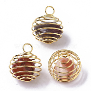 Iron Wrap-around Spiral Bead Cage Pendants, with Natural Carnelian Beads inside, Round, Golden, 21x24~26mm, Hole: 5mm(IFIN-R239-13G)