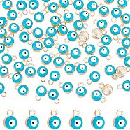 Nbeads 100Pcs Light Gold Plated Alloy Charms, with Enamel, Flat Round with Evil Eye, Sky Blue, 10x7x4.5mm, Hole: 1.5mm(ENAM-NB0001-82)