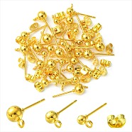 30Pcs 3 Size Iron Stud Earring Findings, Ball Stud Earring Post, with Horizontal Loops, Golden, 14~16x3~5mm, Hole: 1.2~1.4mm, Pin: 0.8mm, 10Pcs/size(FIND-YW0003-94G)