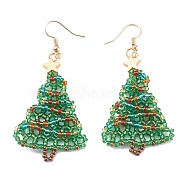 Glass Seed Beads Christmas Tree Dangle Earrings, for Christmas, with Golden Plated Brass Earring Hooks, Green, 53x33x4.5mm, Pin: 0.8mm(EJEW-JE04482)